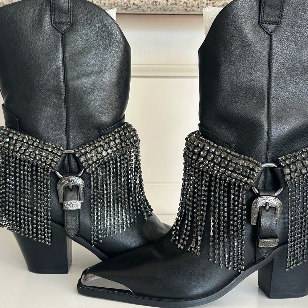 Daniel X Diamond High Noon Black Leather Cowboy Boot w/ Rhinestone Fringe